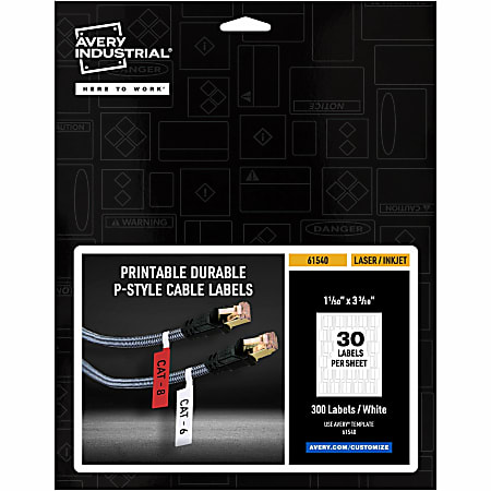 Avery Cable Labels, P-Style, 1.02"x3.3" , 300 Total (61540) - Waterproof - 1 1/64"x 3 19/64" - Permanent Adhesive - 61540