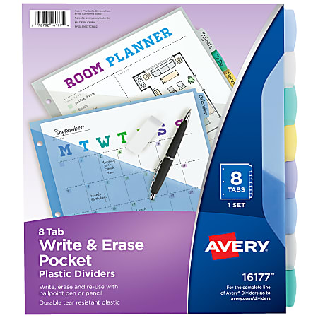 Avery® Write & Erase Pocket Plastic Dividers For 3 Ring Binders, 9-1/4" x 11-1/4", 8-Tab Set, Multicolor, 1 Set
