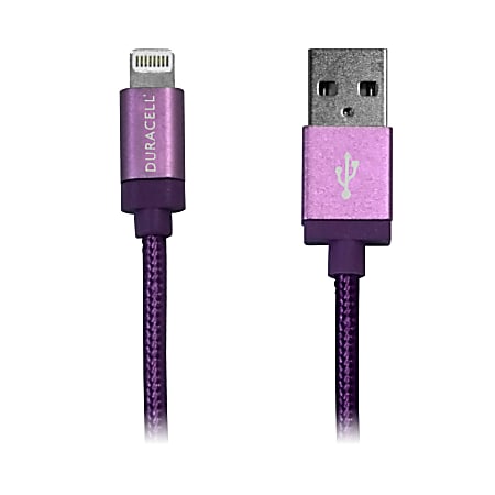 Duracell® Sync-And-Charge Fabric Cable, USB-To-Lightning, 6', Purple, LE2198