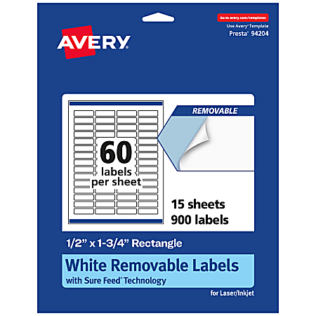 Avery® Removable Labels With Sure Feed®, 94204-RMP15, Rectangle, 1/2" x 1-3/4", White, Pack Of 900 Labels