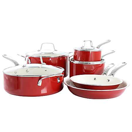 Martha Stewart Lockton Premium 10-Piece Enameled Heavy-Gauge Aluminum Ceramic Nonstick Cookware Set, Red