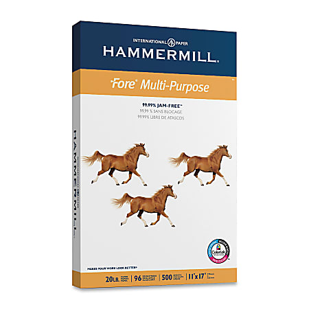 Hammermill® Fore Multi-Use Printer & Copy Paper, White, Ledger (11" x 17"), 500 Sheets Per Ream, 20 Lb, 28 Lb, 96 Brightness