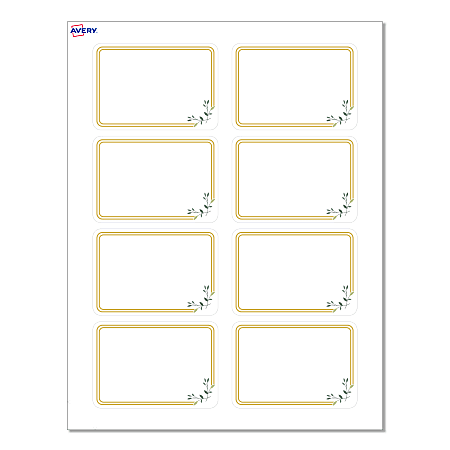 Avery® Adhesive Name Badges, S00-EY8-PRFNB10, Rectangle, 2-1/3" x 3-3/8", Matte White, Preprinted Double Gold Border with Florals Design, Pack Of 80