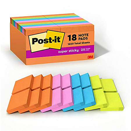 Post-it® Super Sticky Notes,Energy Boost Color Collection , 2" x 2", 18 Pads, 90 Sheets per Pad - 62218SSAUC