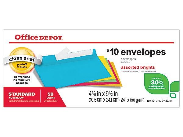 Office Depot® Brand #10 Envelopes, Clean Seal, 30% Recycled, Assorted, Box Of 50
