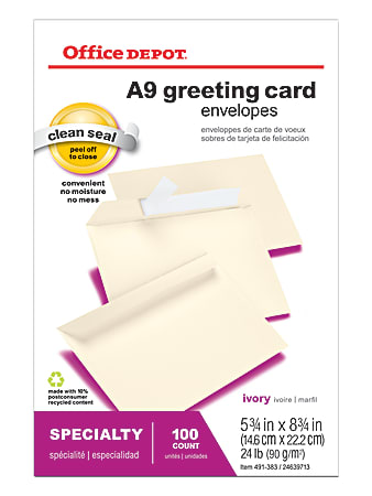 Office Depot® Brand Greeting Card Envelopes, A9, Clean Seal, Ivory, Box Of 100