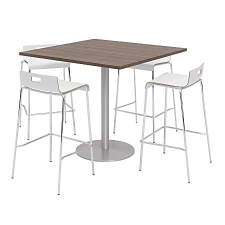 KFI Studios Square Bistro Pedestal Table With 4 Stacking Bar Stools, Studio Teak/White