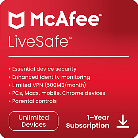 McAfee® LiveSafe AntiVirus & Internet Security Software, For Unlimited Devices, 1-Year Subscription, Download, MLS00ENRURDD
