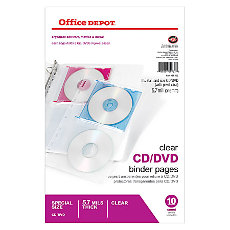Office Depot® Brand CD/DVD Binder Pages, 6" x 10 1/2", Clear, Pack Of 10