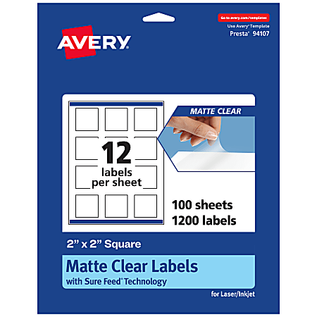 Avery® Permanent Labels With Sure Feed®, 94107-CMF100, Square, 2" x 2", Matte Clear, Pack Of 1,200