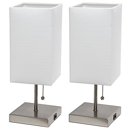Simple Designs Petite Stick Lamps With USB Charging Port, White Shade/Brushed Nickel Base, Set Of 2 Lamps