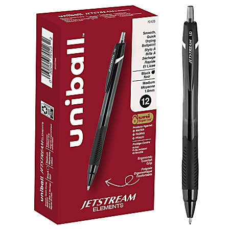 uni-ball® Jetstream Elements Retractable Ballpoint Pens, Medium Point, 1.0 mm, Black Barrel, Black Ink, Pack Of 12 Pens