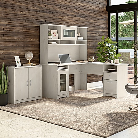 Small desk with outlet hutch and storage
