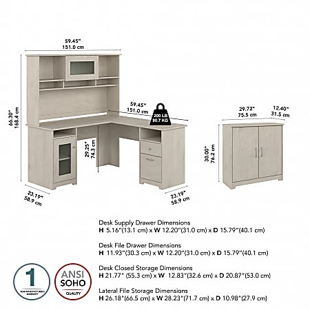 Bush Furniture Cabot 60 L Desk and Hutch with Storage, White