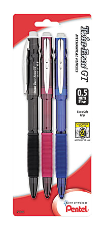 Pentel® Twist Erase GT Mechanical Pencils, 0.5 mm Lead, Assorted Barrel Colors, Pack Of 3