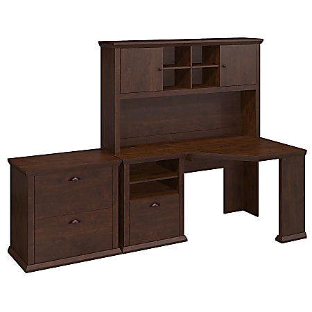 Bush Furniture Yorktown 60"W Corner Desk With Hutch And Lateral File Cabinet, Antique Cherry, Standard Delivery