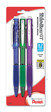 Pentel® Twist Erase GT Mechanical Pencils, 0.7 mm Lead, Assorted Barrel Colors, Pack Of 3