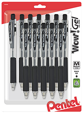 Wow! Gel Pens, Medium Point, 0.7 mm, Black Barrel, Black Ink, Pack Of 12