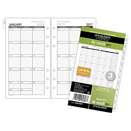 Day Runner® Monthly Calendar Refill, 3 3/4" x 6 3/4", 60% Recycled, White, Unruled Daily Blocks, January to December 2017