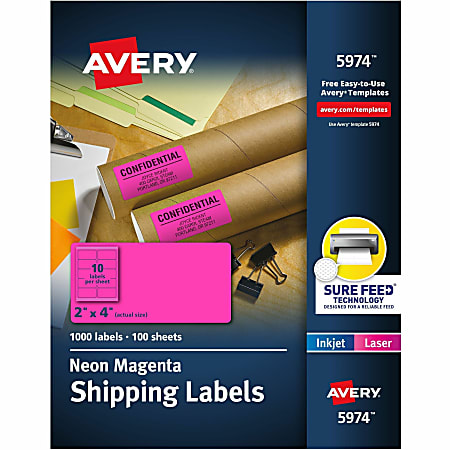 Avery® High-Visibility Shipping Labels, AVE5974, 2" x 4", Neon Magenta, Box Of 1000