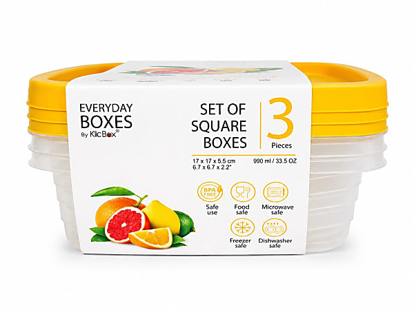 Klic Food Storage Containers, Rectangular, Clear/Yellow, Total Qty 3