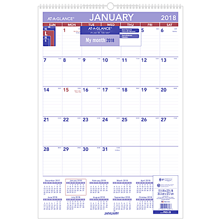 AT-A-GLANCE® Monthly Wall Calendar, 15 1/2" x 22 3/4", Blue/Red, January to December 2018 (PM328-18)