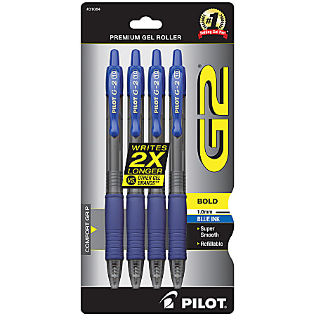 Pilot G2 Retractable Gel Pens, Bold Point, 1.0 mm, Clear Barrels, Blue Ink, Pack Of 4