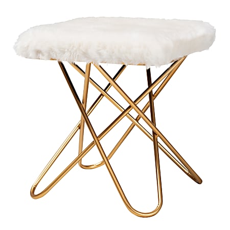 Baxton Studio Glam And Luxe Faux Fur Ottoman, White/Gold