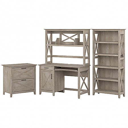 Bush® Furniture Key West 48"W Small Computer Desk With Hutch, Bookcase And Lateral File Cabinet, Washed Gray, Standard Delivery