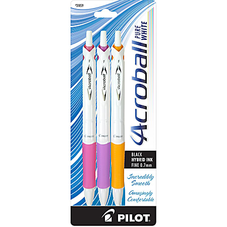 Pilot® Acroball Hybrid Pens, Fine Point, 0.7 mm, White Barrel, Black Ink, Pack Of 3 Pens