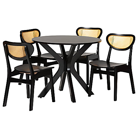 Baxton Studio Giuliana Mid-Century Modern Finished Wood/Rattan 5-Piece Dining Set, 30"H x 34-5/16"W x 34-5/16"D, Dark Brown/Light Brown