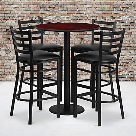 Flash Furniture Round Table And 4 Ladder-Back Bar Stools, 42”H x 30”W x 30”D, Mahogany/Black
