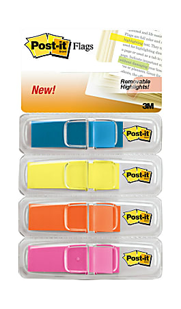 Post-it® Notes Flags, 1/2" x 1-7/10", Assorted Bright Colors, 35 Flags Per Pad, Pack Of 4 Pads