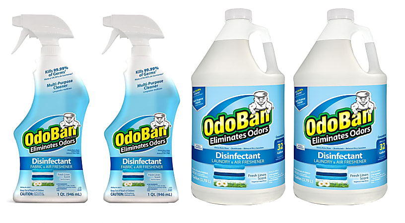 OdoBan Odor Eliminator Disinfectant, Fresh Linen Scent, Case Of 2 Qt Spray Bottles And 2 Gallon Concentrates