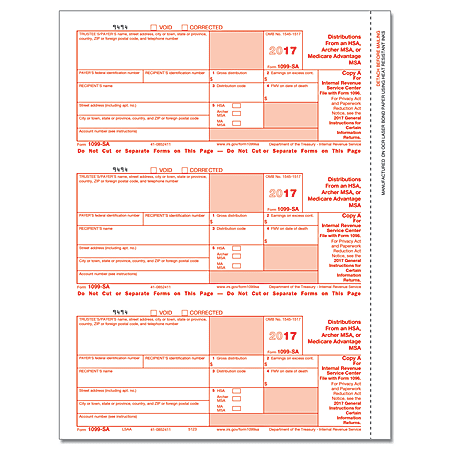ComplyRight 1099-SA Inkjet/Laser Tax Forms For 2017, Federal Copy A, 8 1/2" x 11", Pack Of 50