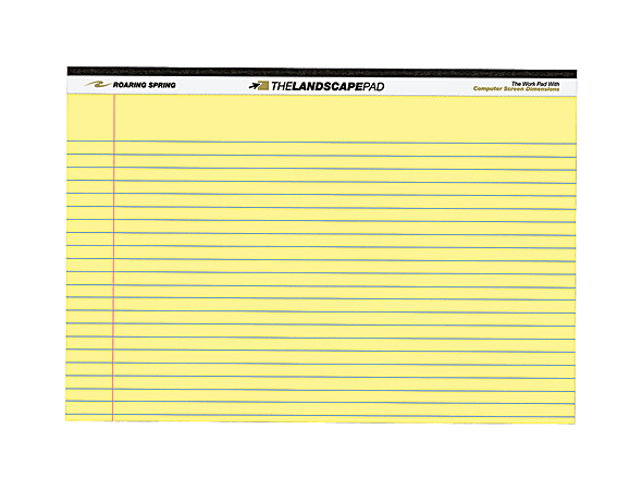 Roaring Spring Wide College Ruled Landscape Legal Pad, 11" x 9.5" 40 Sheets, Canary - 40 Sheets - 80 Pages - Printed - Stapled/Tapebound - Both Side Ruling Surface Red Margin - 20 lb Basis Weight