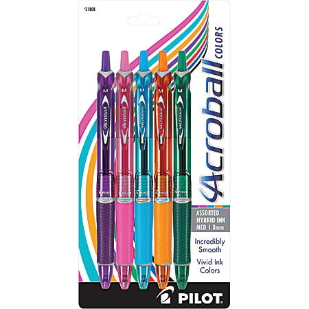 Pilot® Acroball Retractable Hybrid Gel Pens, Medium Point, 1.0 mm, Assorted Barrels, Assorted Ink Colors, Pack Of 5 Pens, 31808