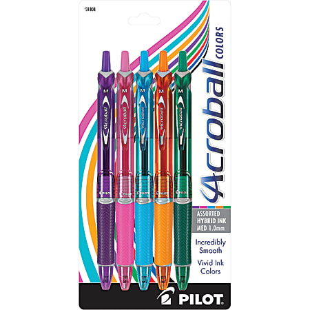 Pilot® Acroball Retractable Hybrid Gel Pens, Medium Point, 1.0 mm, Assorted Barrels, Assorted Ink Colors, Pack Of 5 Pens