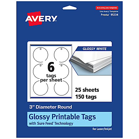 Avery® Printable Tags With Sure Feed® Technology, Print-To-The-Edge, 3", Glossy White, Pack Of 150