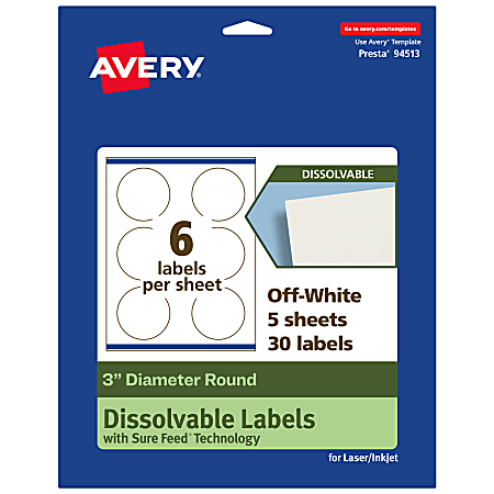 Avery&reg; Print-to-the-Edge Dissolvable Labels With Sure Feed&reg; Technology, 94513-DWMP5, Round, 3", Matte Off-White, Pack Of 30