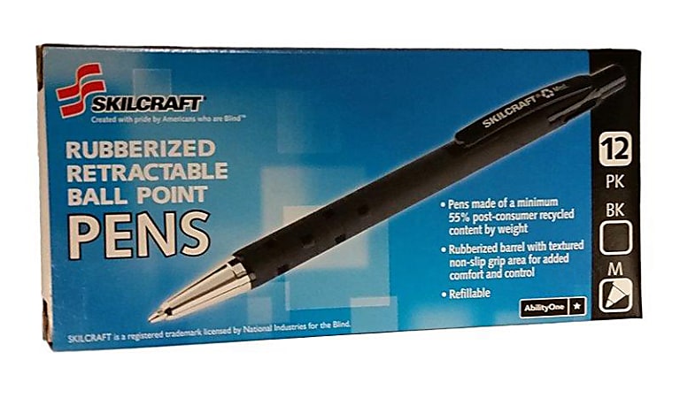SKILCRAFT® Retractable Ballpoint Pens, Ergonomic Grip, Medium Point, 83% Recycled, Black Ink, Box Of 12