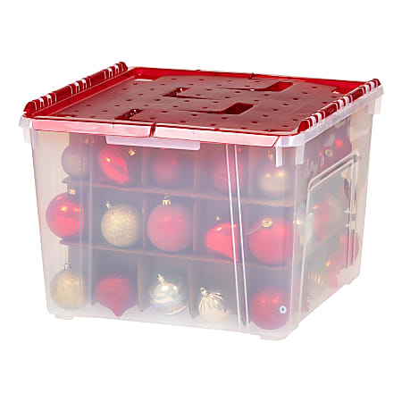 Iris Holiday Wing Lid Ornament Box With Dividers, 13-13/16”H x 18-5/16”W x 19-5/16”L, Clear/Red
