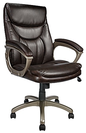 Realspace® EC600 Executive Bonded Leather High-Back Chair, Brown/Silver