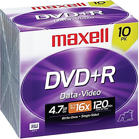 Maxell® DVD+R Recordable Media With Jewel Cases, 4.7GB/120 Minutes, Pack Of 10