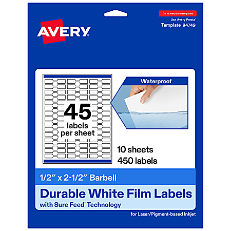 Avery® Waterproof Permanent Labels With Sure Feed®, 94749-WMF10, Barbell, 1/2" x 2-1/2", White, Pack Of 450