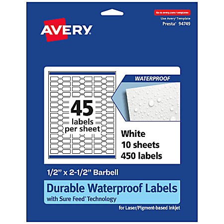 Avery® Waterproof Permanent Labels With Sure Feed®, 94749-WMF10, Barbell, 1/2" x 2-1/2", White, Pack Of 450