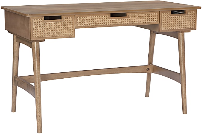 Linon Marley 51"W 3-Drawer Rattan Writing Desk, Natural