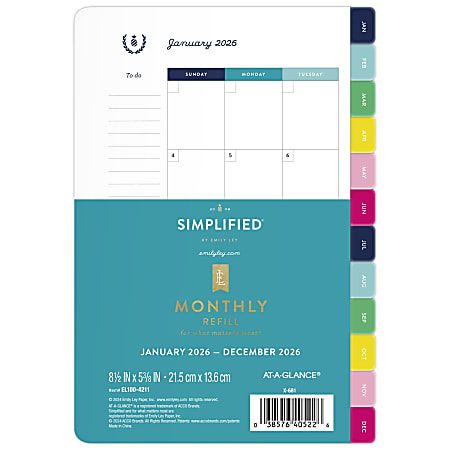 Simplified by Emily Ley for AT-A-GLANCE® 2026 Monthly Refill, Loose-Leaf, Desk Size, 5 1/2" x 8 1/2"