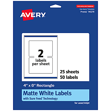 Avery® Permanent Labels With Sure Feed®, 94278-WMP25, Rectangle, 4" x 6", White, Pack Of 50
