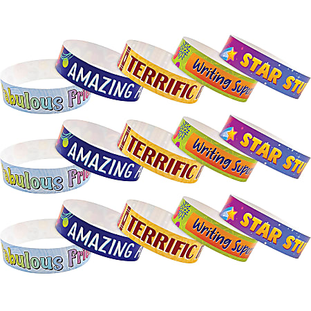 Teacher Created Resources Positive Reinforcement Brag Bracelets, Multicolor, 100 Bracelets Per Pack, Set Of 3 Packs